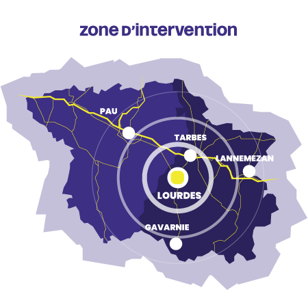 carte pour la version mobile de la zone desservie par Béarn Stores : Pau, Lourdes, Tarbes, Lannemezan, Gavarnie 