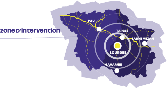 carte de la zone desservie par Béarn Stores : Pau, Lourdes, Tarbes, Lannemezan, Gavarnie
